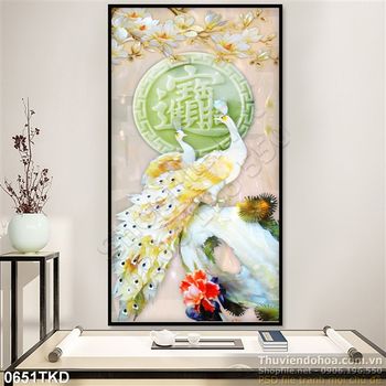 Tranh gải ngọc chim công và hoa Mộc Lan