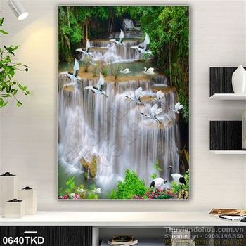 Tranh thác nước trong rừng và chim Hạc