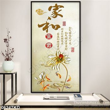 Tranh hoa sen kim tiền thư pháp