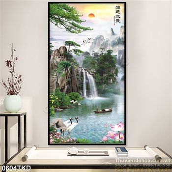 Tranh thác nước phong thủy và chim hạc