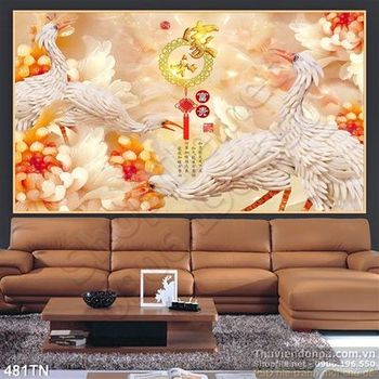 Tranh giả ngọc chim hạc và hoa cúc