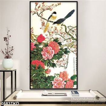 Tranh chim sẻ và hoa mẫu đơn thư pháp