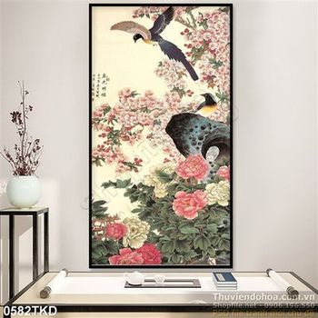 Tranh chim yến và hoa đào mùa xuân