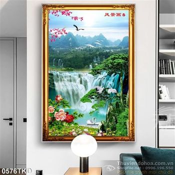 Tranh hoa mẫu đơn và thác nước phong thủy đẹp