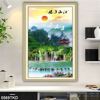 Tranh ngôi đền trên thác nước