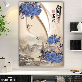 Tranh hoa mẫu đơn xanh thư pháp