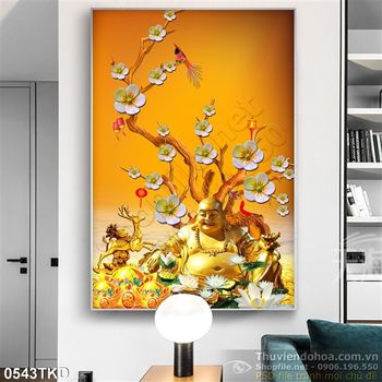 Tranh Phật Di Lặc và cây hoa Mai trang trí nghệ thuật