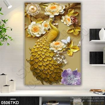 Tranh điêu khắc chim công và hoa hồng