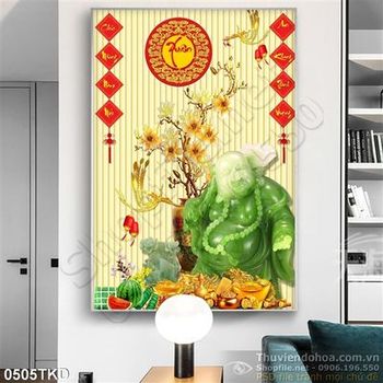 Tranh Phật Di lặc và bình hoa mẫu đơn