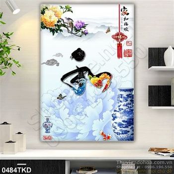 Tranh hoa mẫu đơn và bình hoa cổ thư pháp