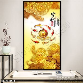 Tranh cửu ngư và hoa mẫu đơn