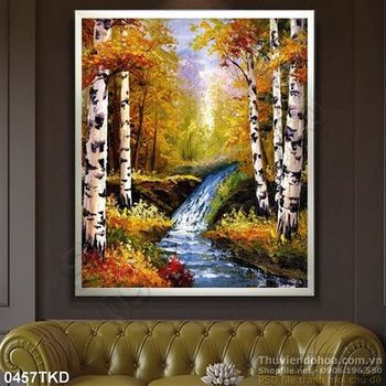 Tranh sơn dầu thác nước trong rừng mùa thu