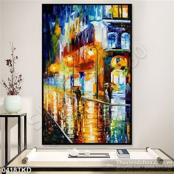 Tranh sơn dầu phố lên đèn