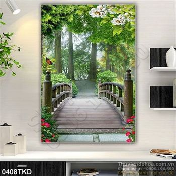 Tranh cây cầu Nhật Bản đi vào khu rừng