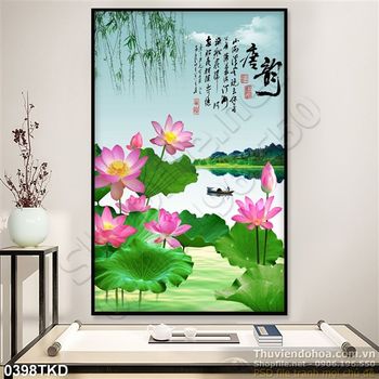 Tranh hoa Sen thư pháp và con thuyền