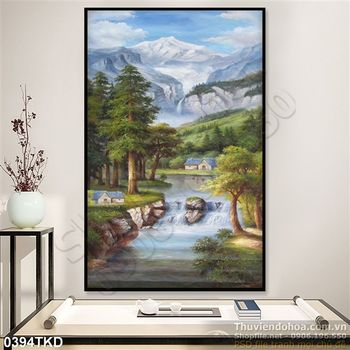 Tranh sơn dầu thác nước bên sông
