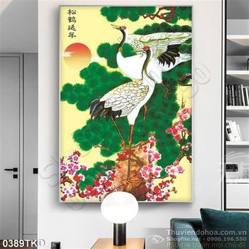 Tranh thư pháp chim Hạc và hoa Đào