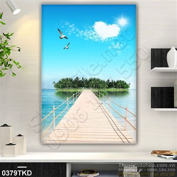 Tranh cây cầu nhìn ra biển