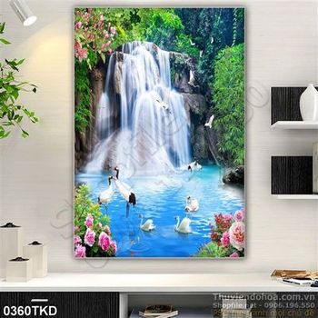 Tranh thác nước phong thủy và chim Hạc