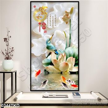 Tranh giả ngọc cá chép và hoa Sen thư pháp