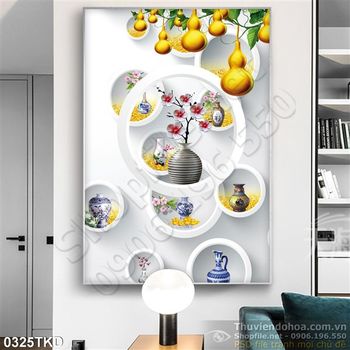 Tranh bình hoa cổ và quả bầu vàng