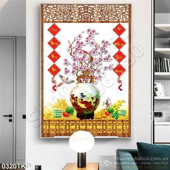 Tranh bình hoa Đào cổ trang trí Tết