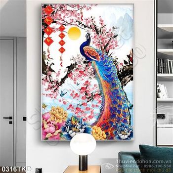 Tranh chim công mùa xuân trang trí Tết