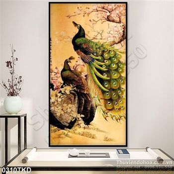 Tranh đôi chim công và cây Đào