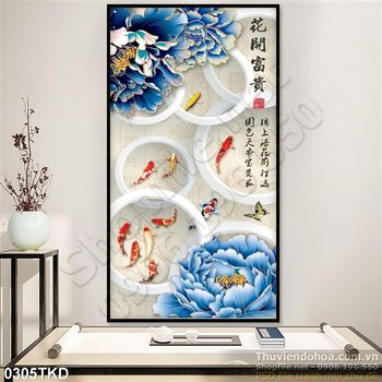 Tranh hoa mẫu đơn và cá chép thư pháp