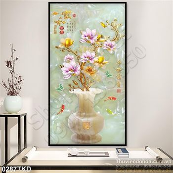 Tranh bình hoa mẫu đơn giả ngọc và cá chép