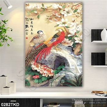 Tranh chim và hoa đào treo tường