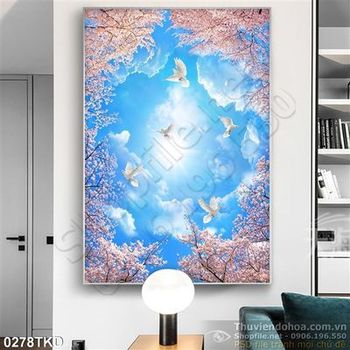Tranh bầu trời hoa Đào trang trí trần nhà