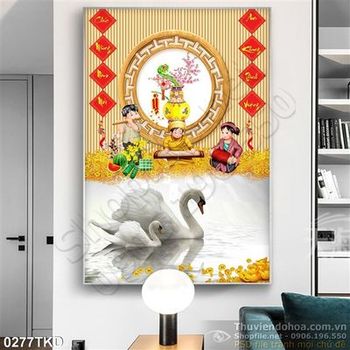 Tranh bình hoa Đào và chim thiên nga trang trí Tết