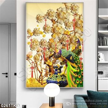 Tranh chim công và hoa kim tiền trang trí Tết