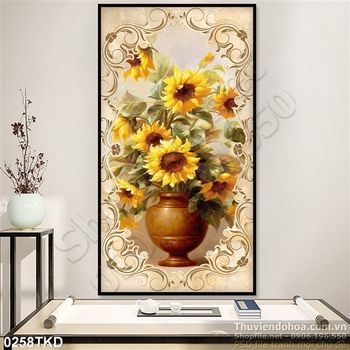 Tranh sơn dầu bình hoa hướng dương nghệ thuật