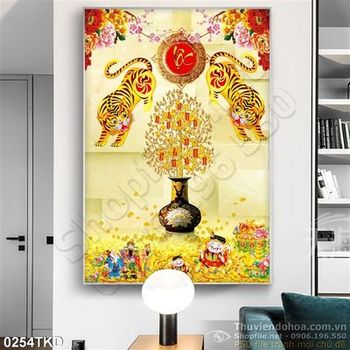 Tranh hoa mẫu đơn và đôi hổ