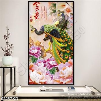 Tranh chim công giả ngọc và hoa mẫu đơn