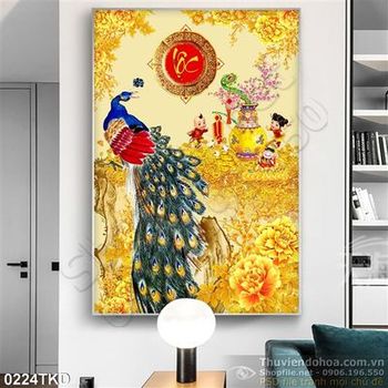 Tranh chim công và hoa mẫu đơn trang trí Tết