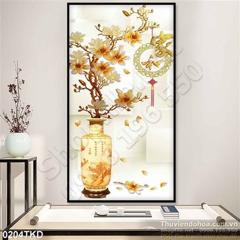 Tranh bình hoa cổ hoa Mộc lan treo tường phòng khách