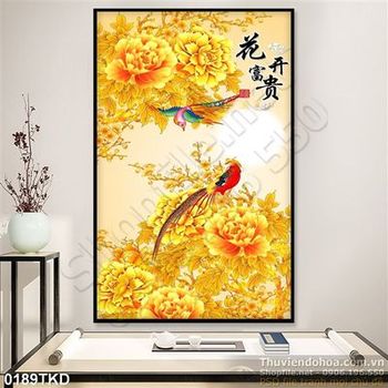 Tranh hoa mẫu đơn vàng và chim phượng