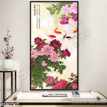 Thư pháp hoa mẫu đơn và cá chép phong thủy