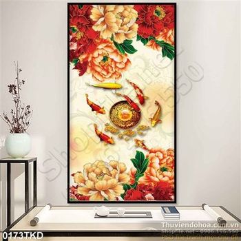 Tranh cửa ngư và hoa mẫu đơn