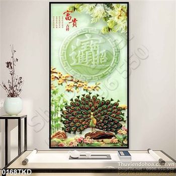 Tranh giả ngọc chim công và hoa Cúc
