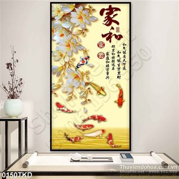 Tranh thư pháp hoa Mộc lan và cá Koi