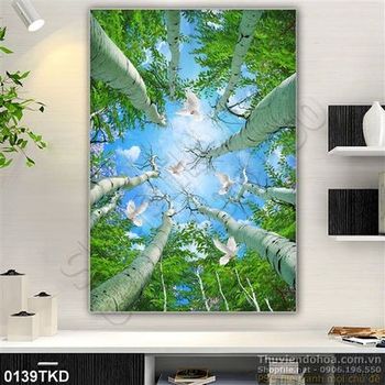 Tranh trần nhà chim bồ câu và rừng cây