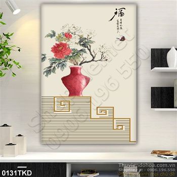 Tranh bình hoa mẫu đơn thư pháp