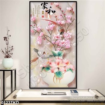 Tranh thư pháp bình hoa Đào và chim én
