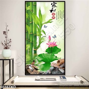 Tranh thư pháp cây tre và hoa Sen