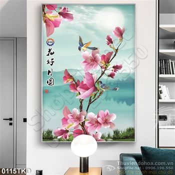Tranh hoa Mộc Lan thư pháp trang trí phòng khách