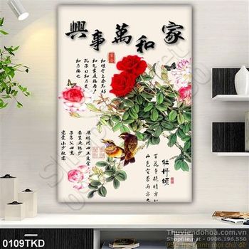 Tranh thư pháp hoa hồng treo tường